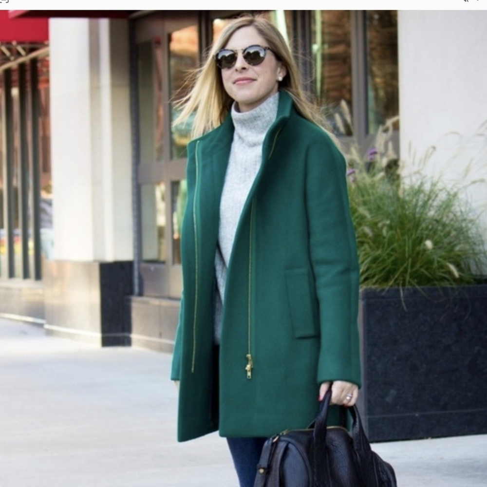 J Crew City Coat Green Wool Blend Mid Length Lined Coat Zip Women's Sz 2 AB945